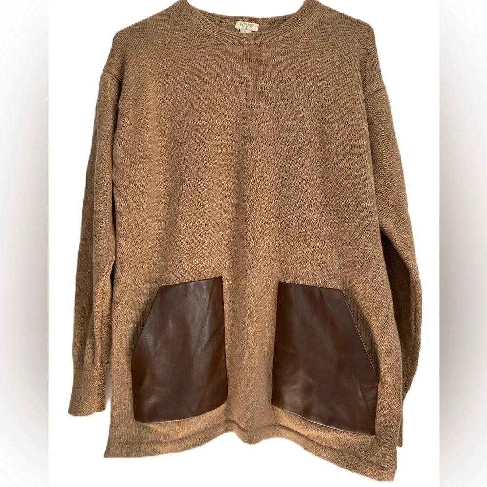 J. Crew 100% Merino Wool Faux Leather Pockets Tunic Sweater, Sz: Medium